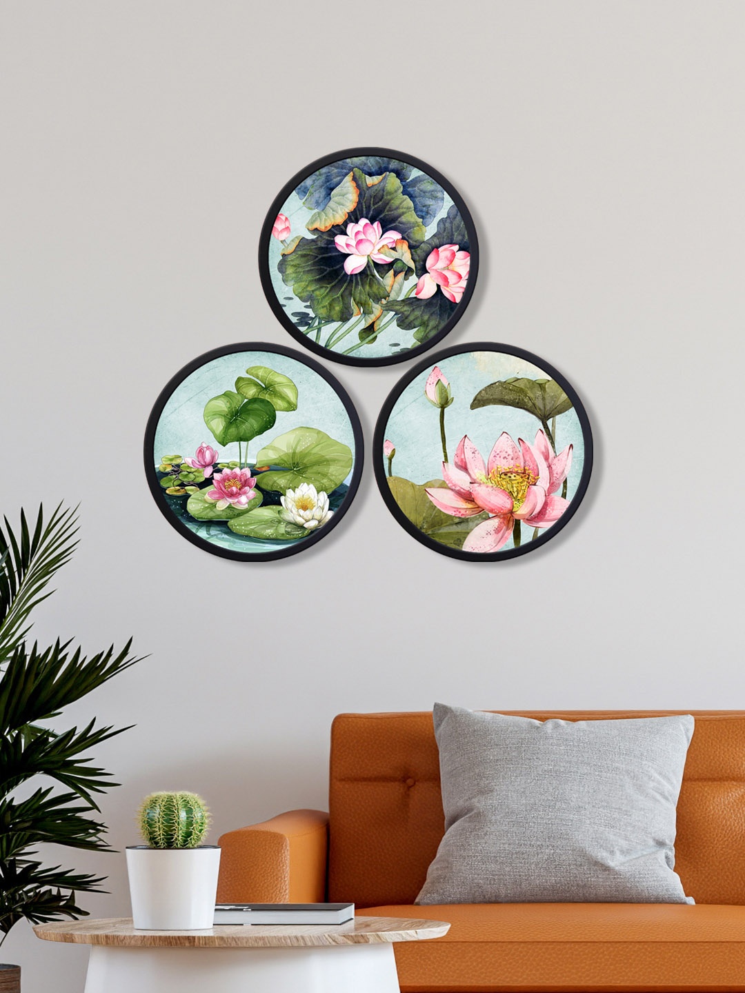 

999Store Set Of 3 Blue & Pink Floral Printed Round Wall Art