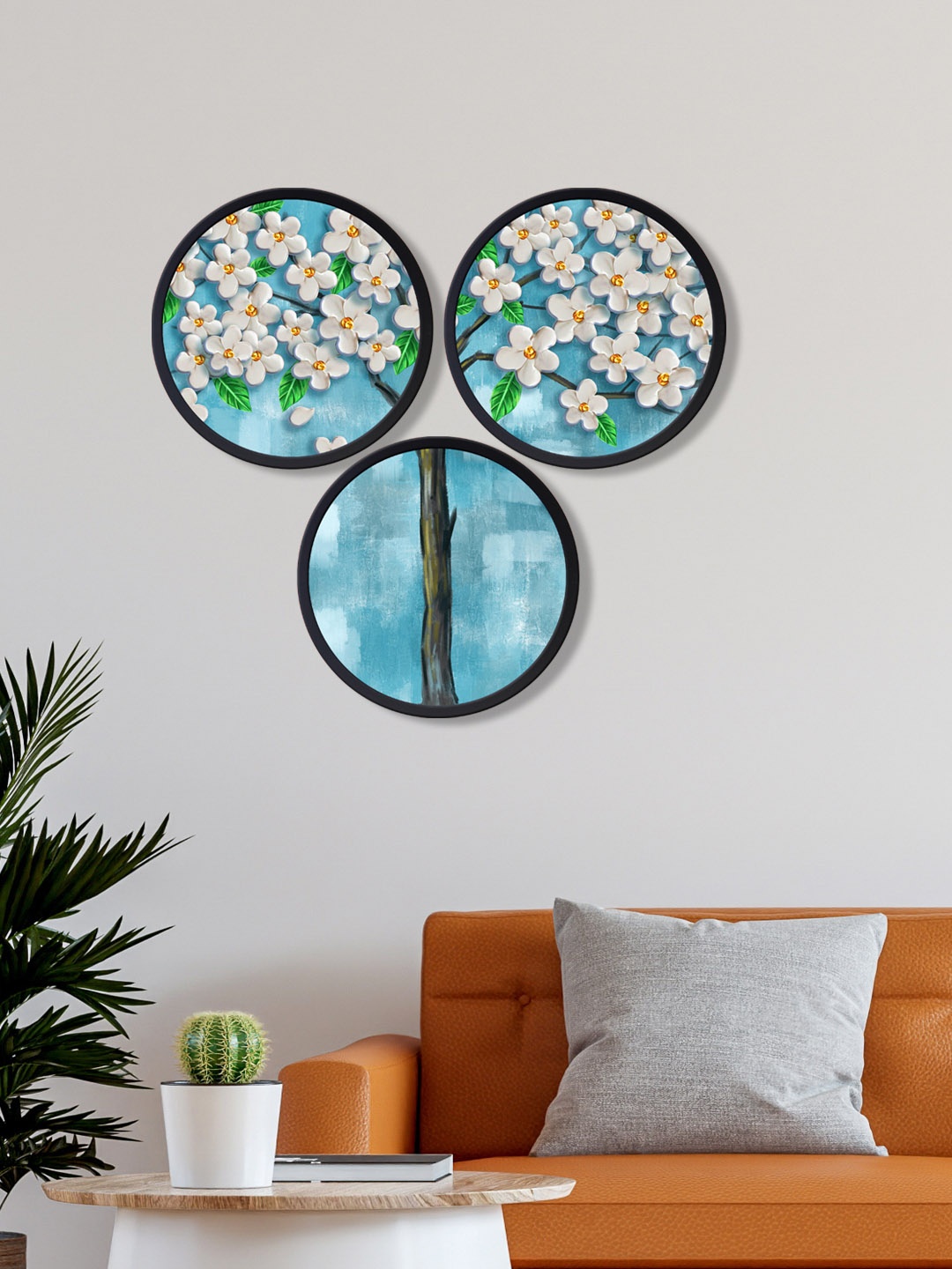 

999Store Set Of 3 Blue & White Printed Flowers Wall Art