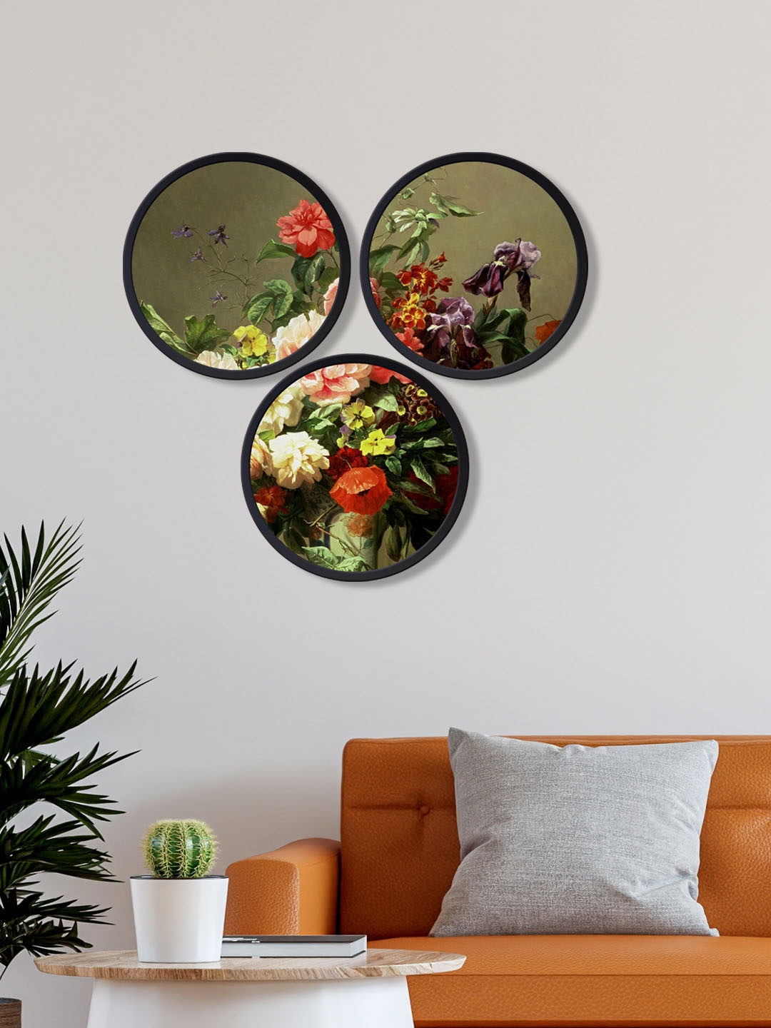 

999Store Blue & Red Set of 3 Flower Print Framed round Wall Art
