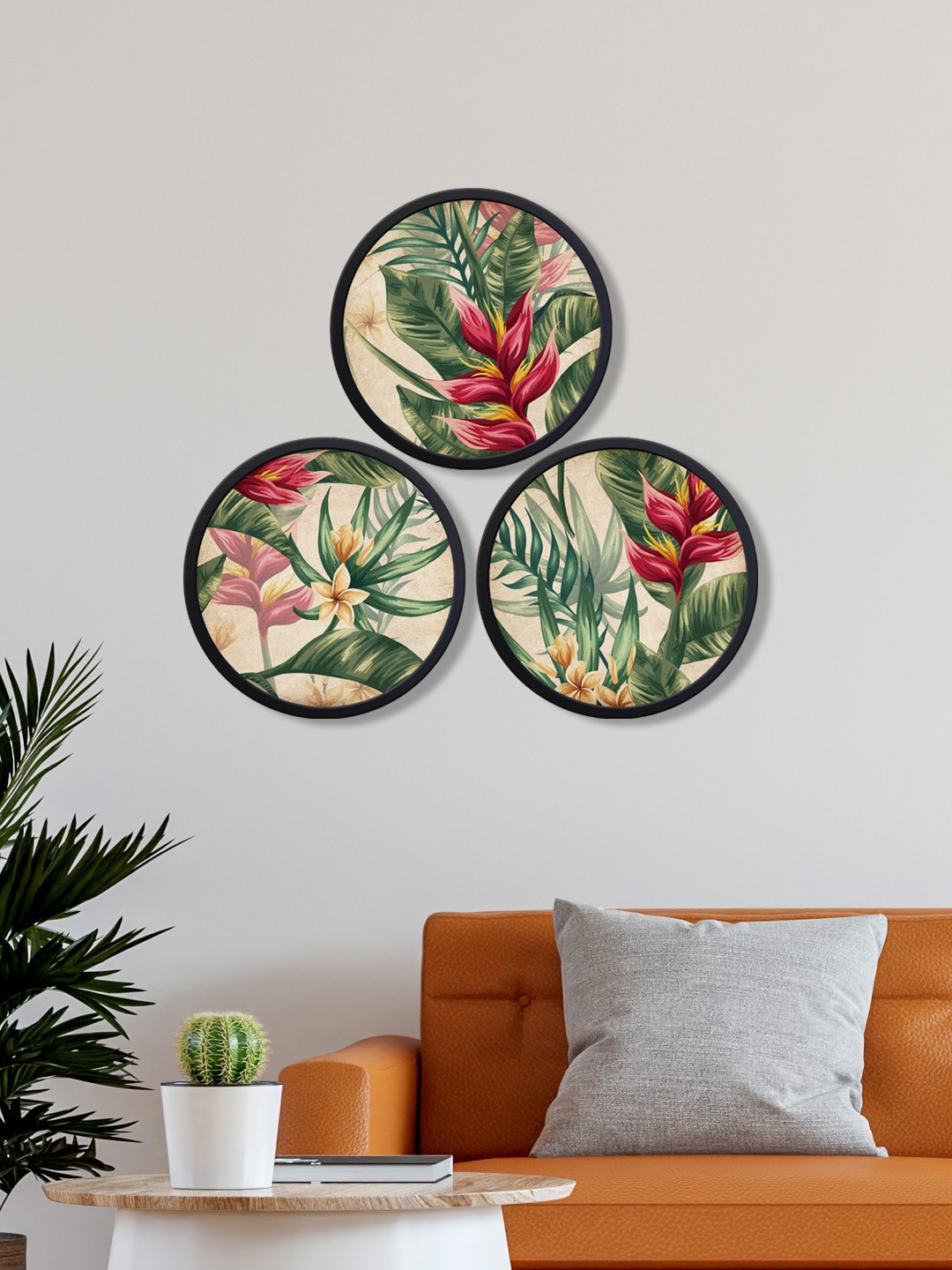 

999Store Set of 3 Beige & Green Flower with Leaves Printed Round Wall Art