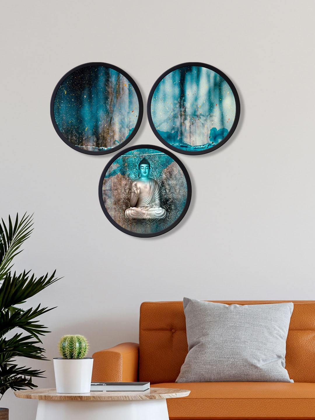 

999Store Set Of 3 Blue & Grey Printed Lord Buddha Wall Art