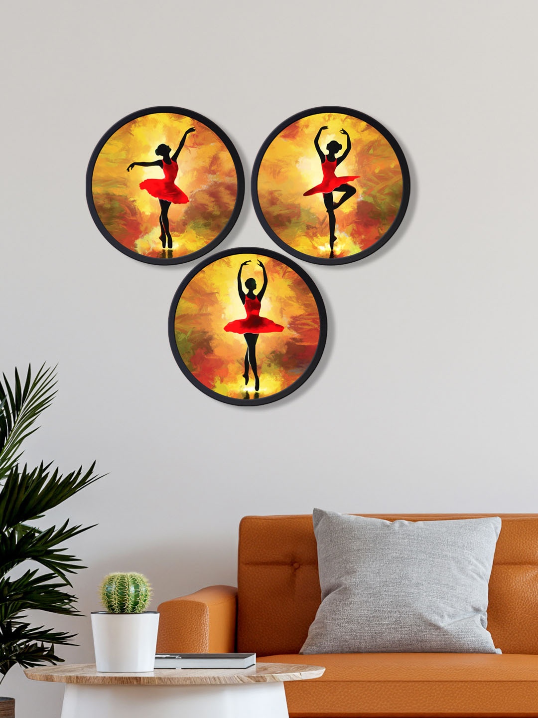 

999Store Pack Of 3 Yellow Dancing Girl Printed Round Wall Art