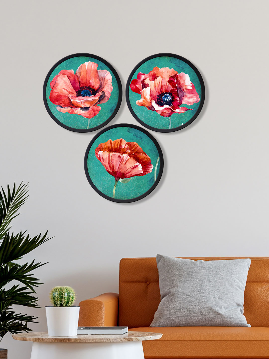 

999Store Set Of 3 Green & Orange Printed Flowers Wall Art