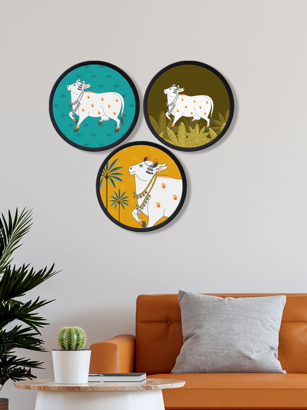 

999Store Set Of 3 White & Yellow Printed Cow's Pichwai Wall Art