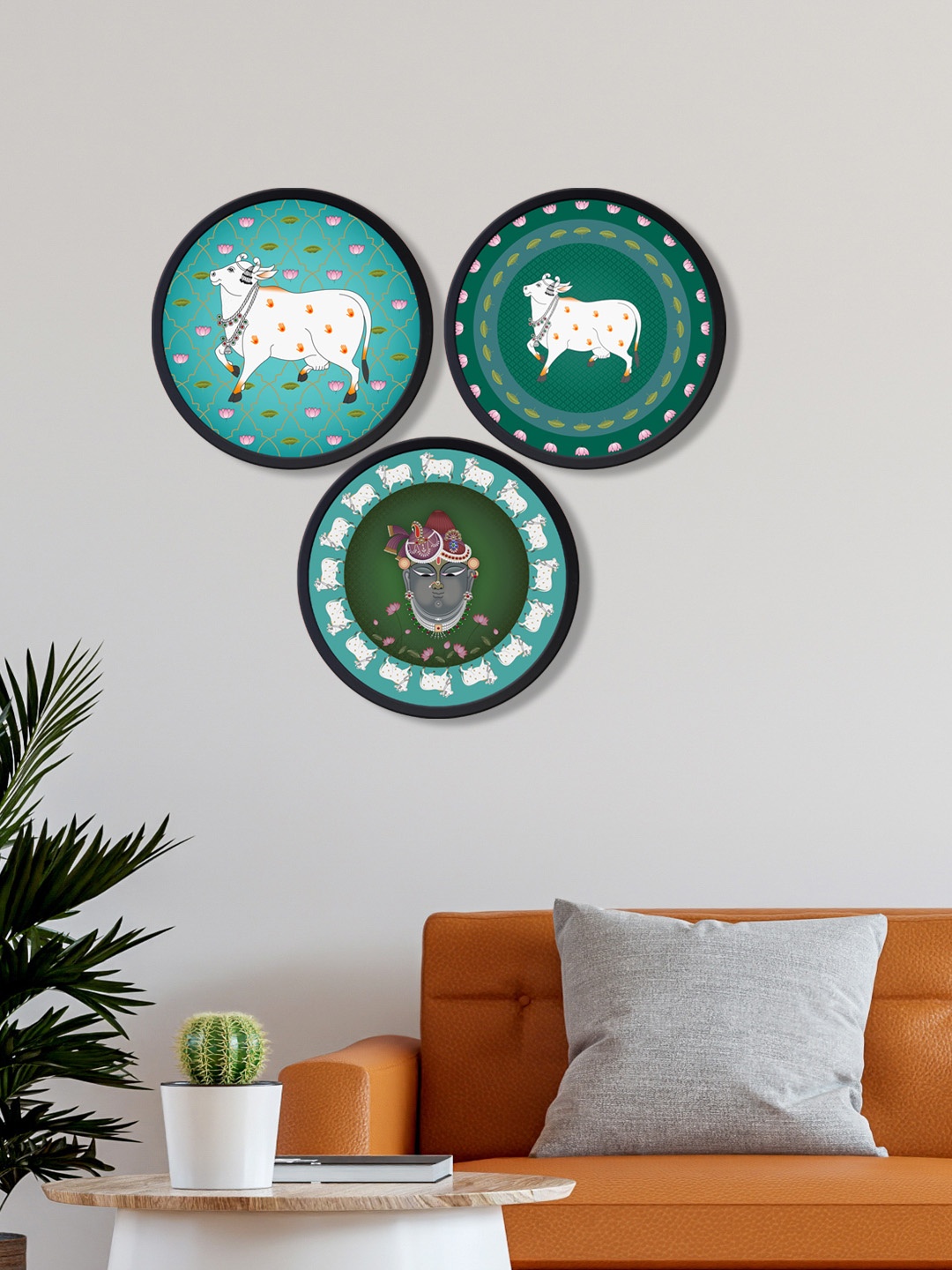 

999Store Set Of 3 Blue Round Canvas Painting Frames Wall Art