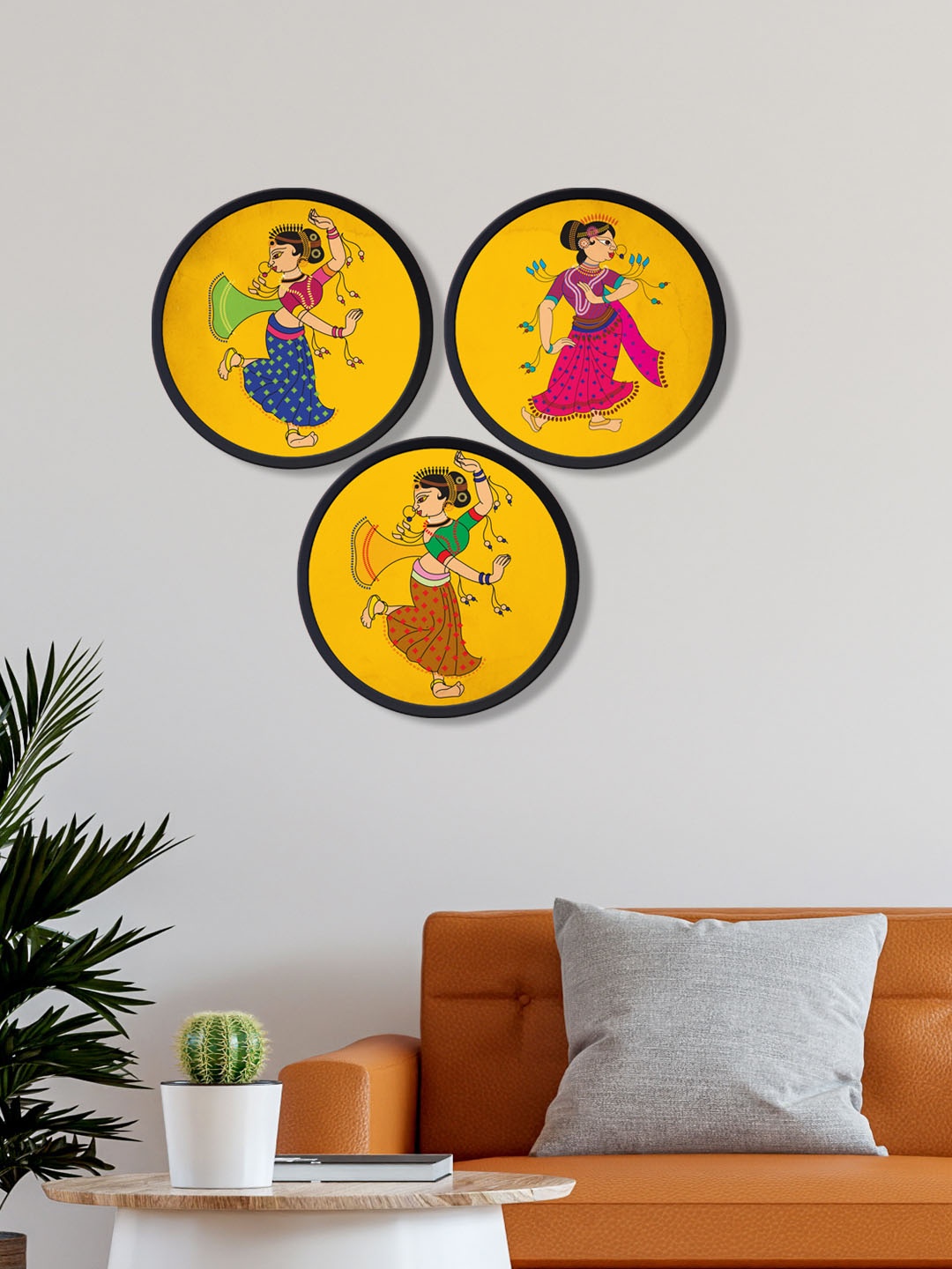 

999Store Set Of 3 Indian classical dancers Wall Art, Yellow
