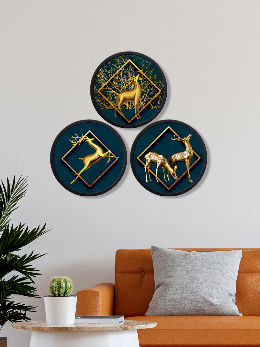 

999Store Set Of 3 Gold-Toned & Teal Round Canvas Painting Frames Wall Art