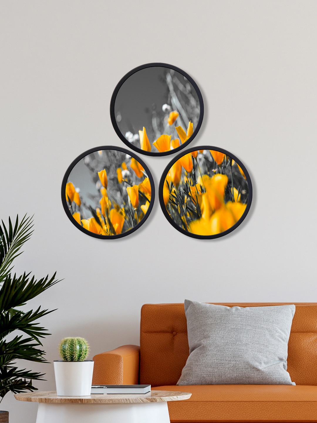 

999Store Set Of 3 Yellow & Grey Printed Flowers Wall Art