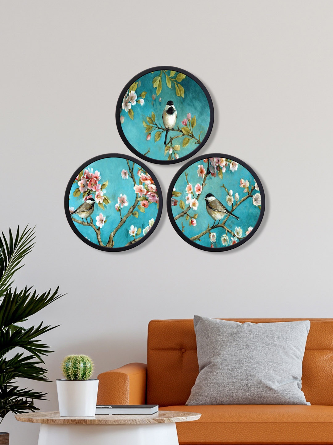 

999Store Set Of 3 Birds on the flowers stem Wall Art, Blue