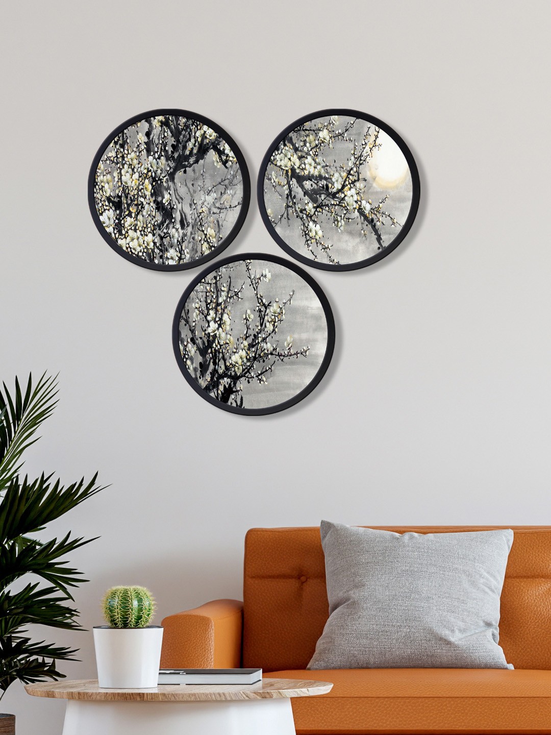 

999Store Set Of 3 Black Floral Canvas Round Painting Frames Wall Art