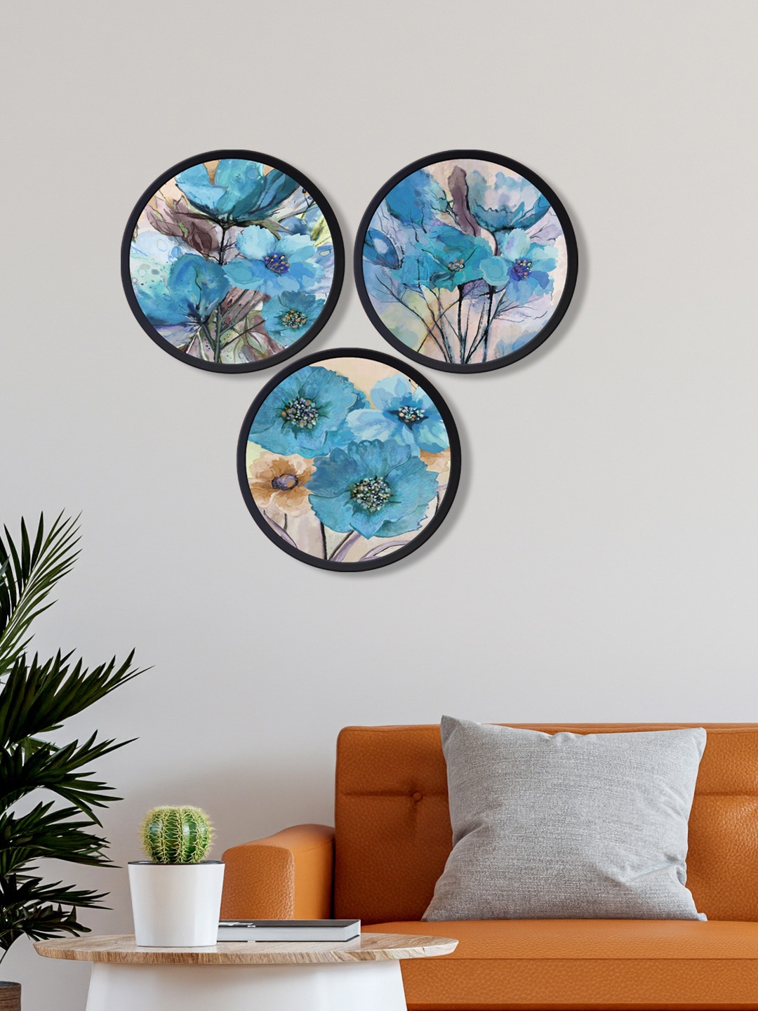 

999Store Set Of 3 Blue Printed Round Wall Art