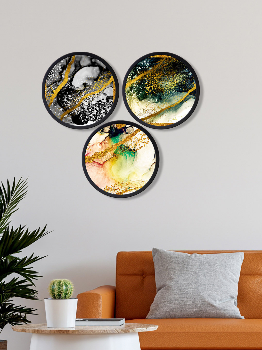 

999Store Pack Of 3 Printed Abstract Round Wall Art, Black