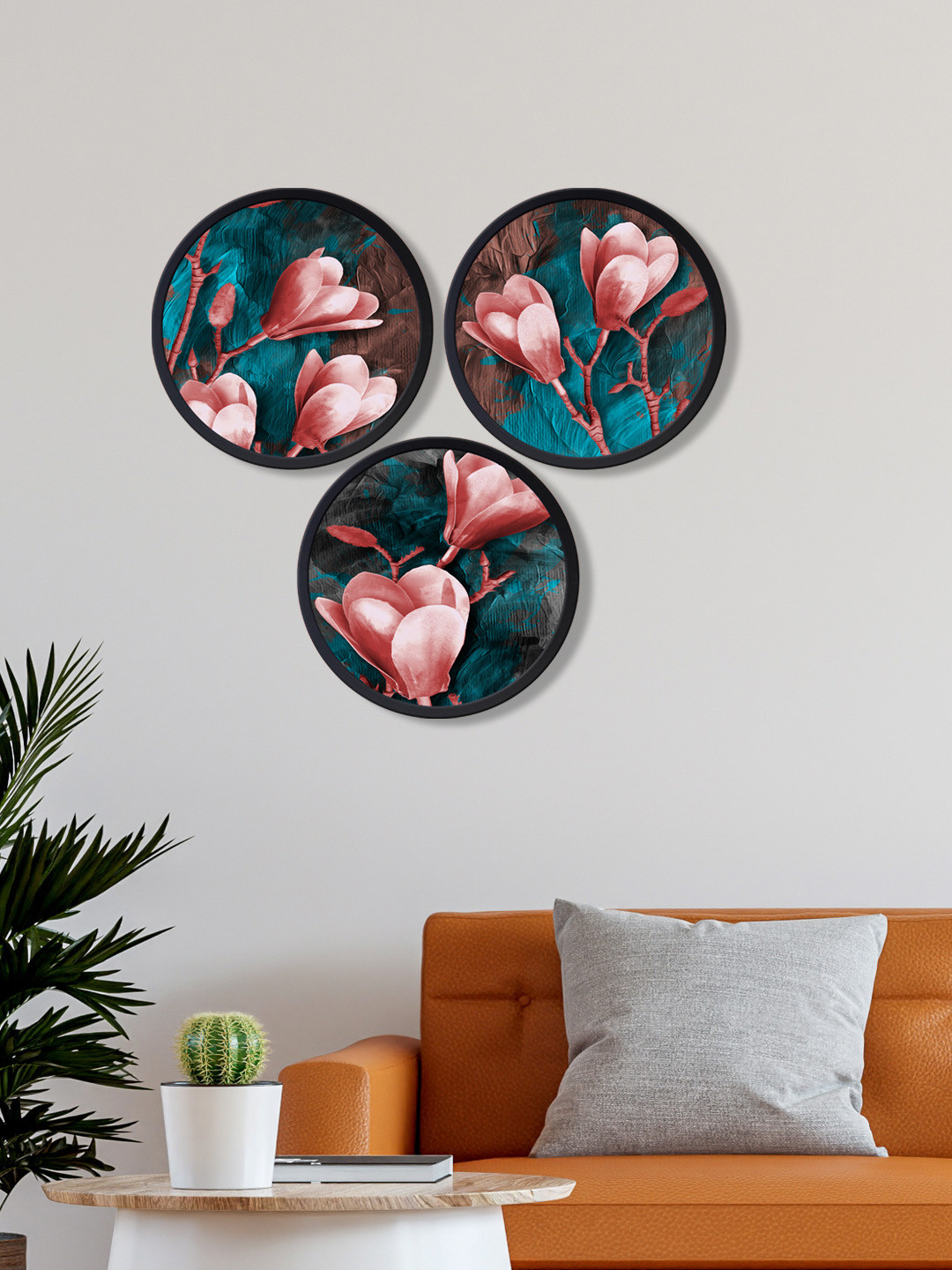 

999Store Set Of 3 Printed Llily Flowers Round Wall Art, Blue