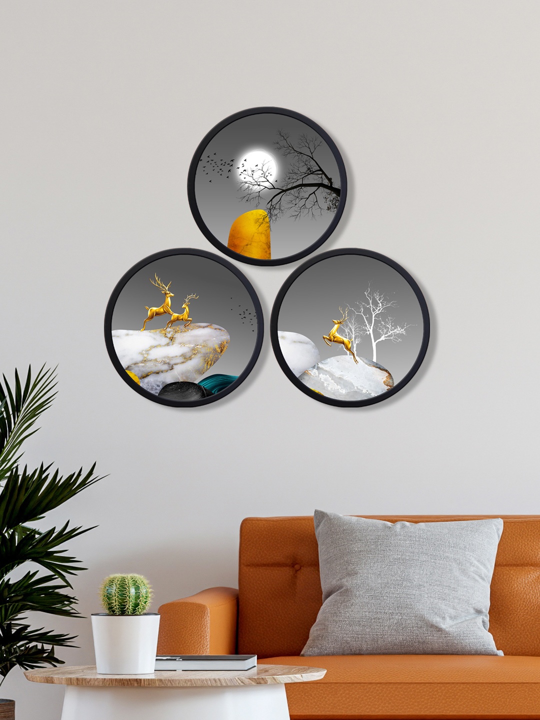 

999Store Set Of 3 Grey -Coloured & Black Printed Watercolour Leaf UV Art Painting