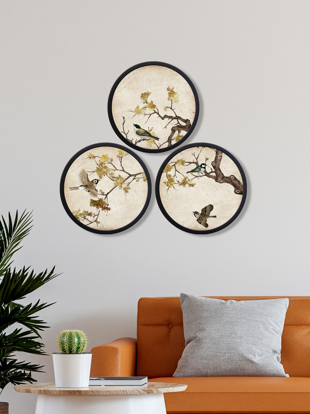 

999Store Pack Of 3 birds on the tree stem Wall Art, Brown