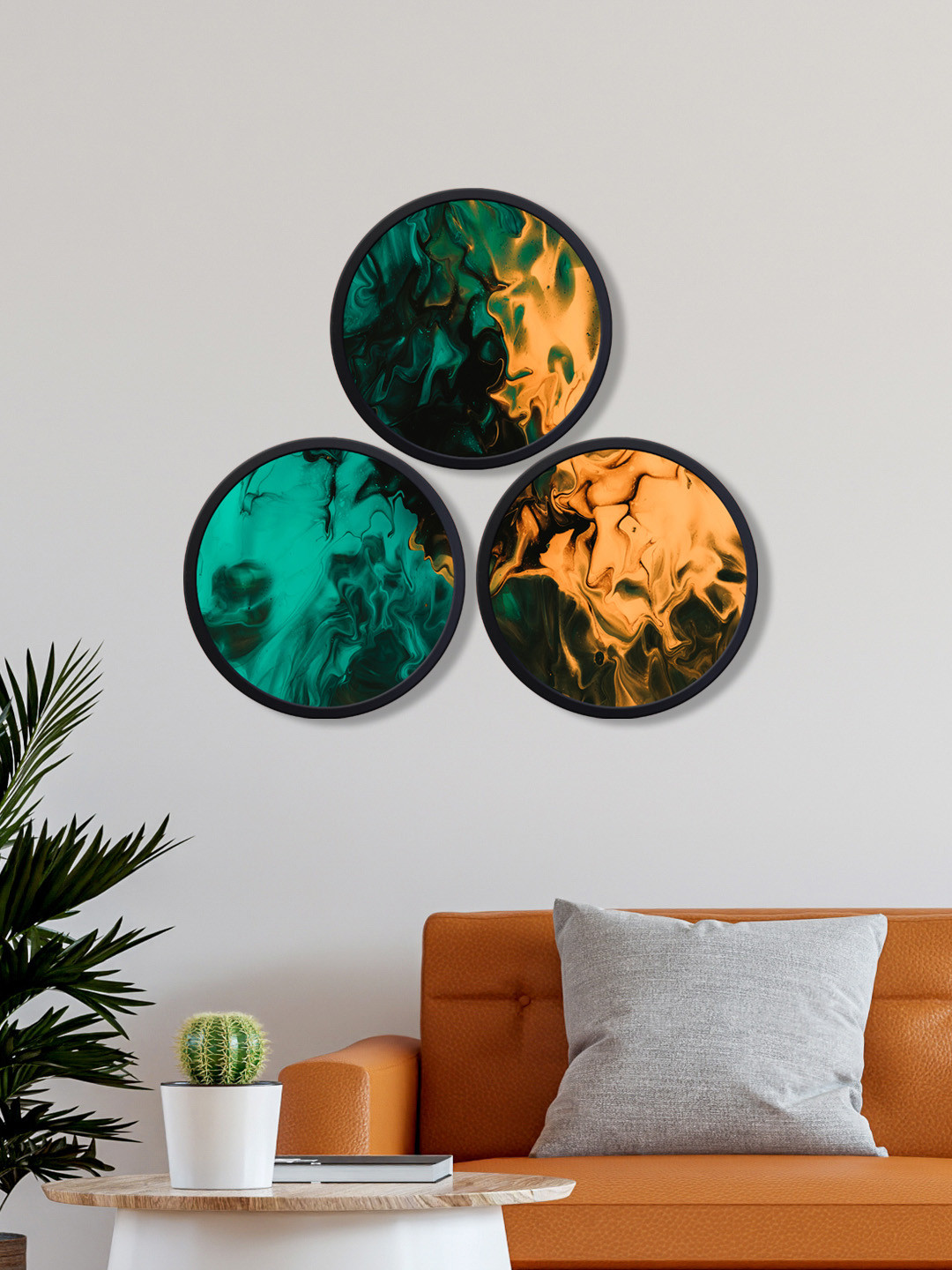 

999Store Pack Of 3 Printed Abstract Round Wall Art, Green