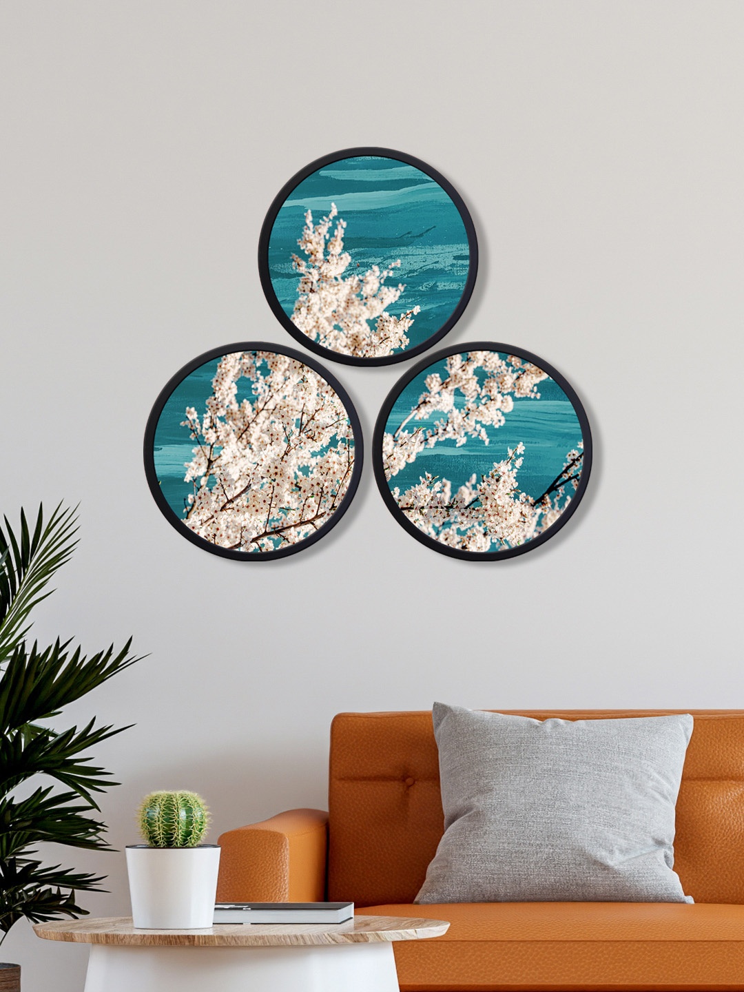 

999Store Set Of 3 Printed Round Wall Art, Blue