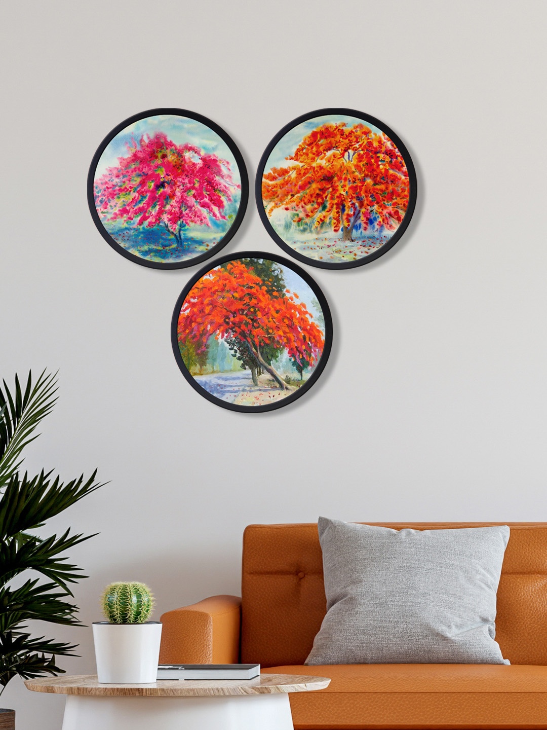 

999Store Set Of 3 Multi colour trees Round Wall Art, Orange