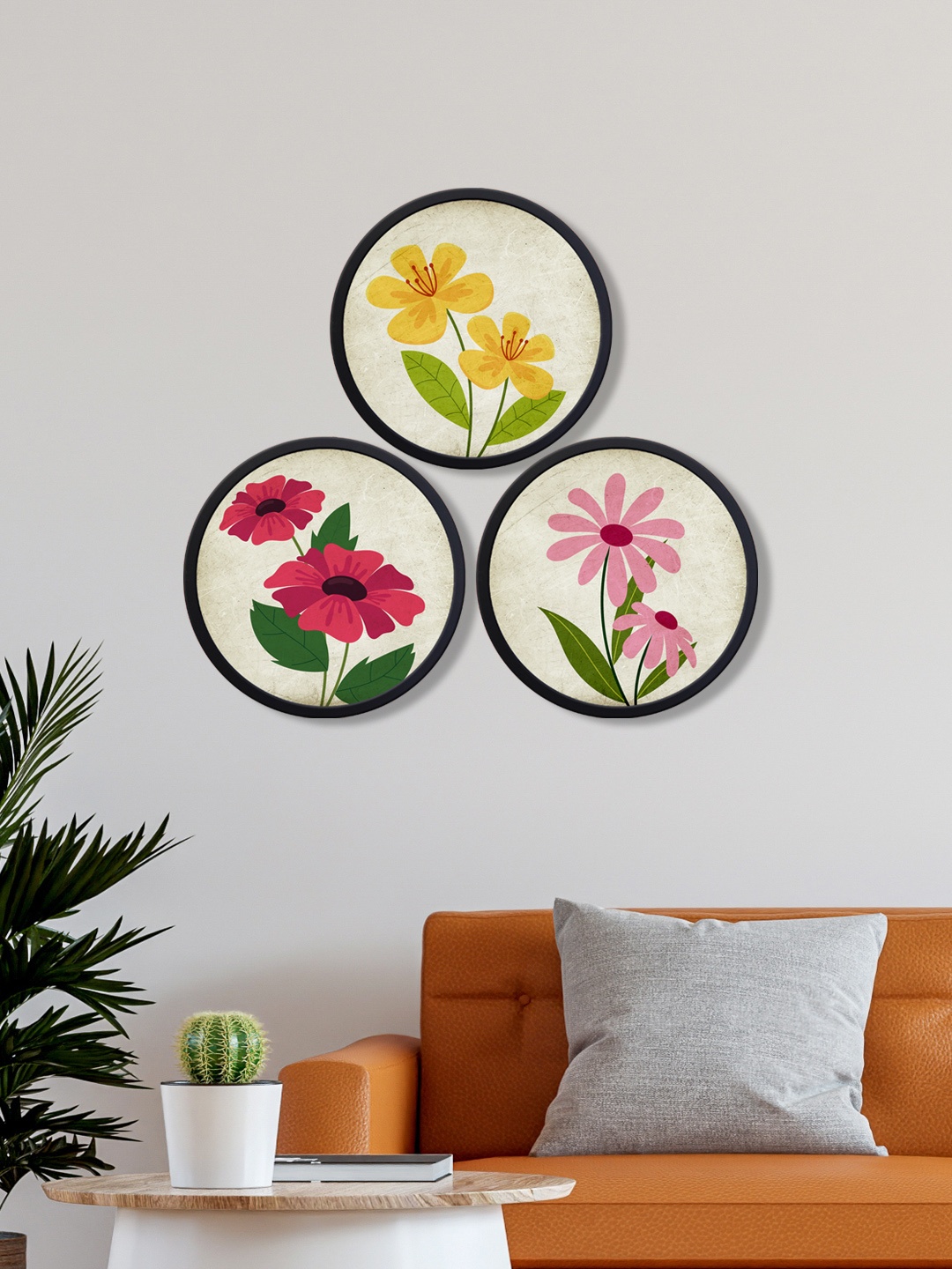 

999Store Set Of 3 Cream flowers with leaves Painting Round Wall Art