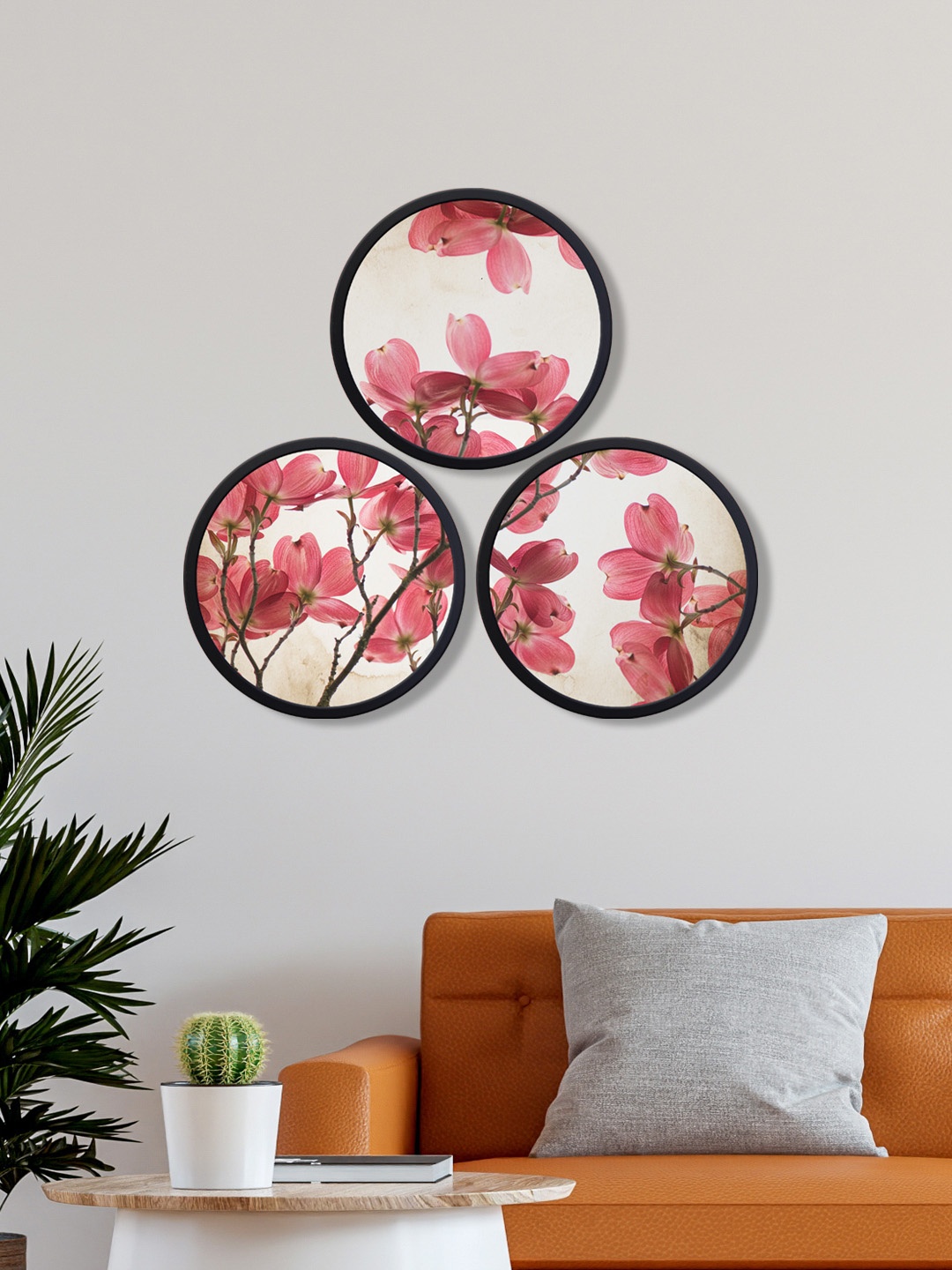 

999Store Pack Of 3 Pink & Beige Floral Printed Round Wall Art
