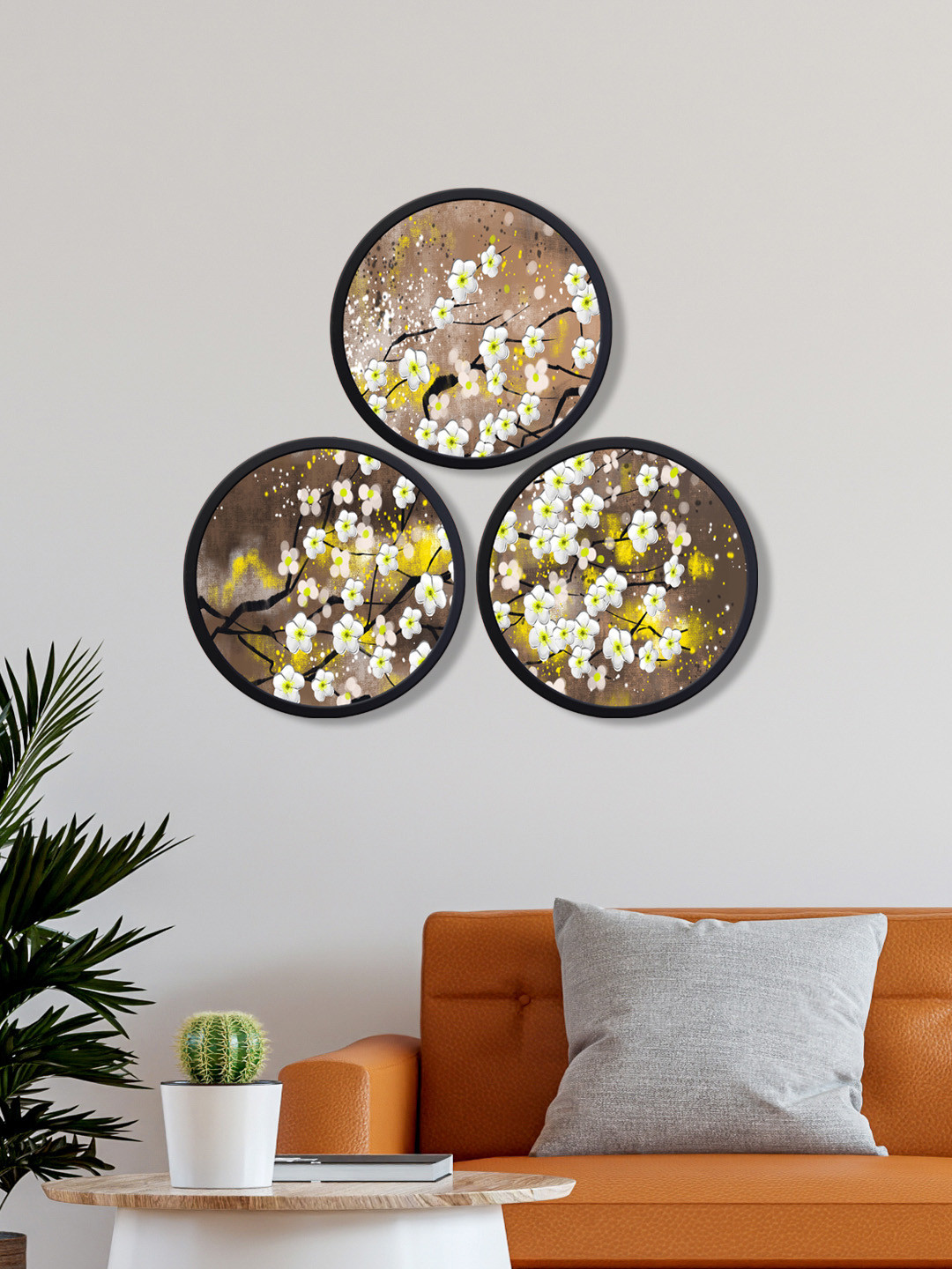 

999Store Set Of 3 Flowers With Leaves Canvas Wall Art, Brown