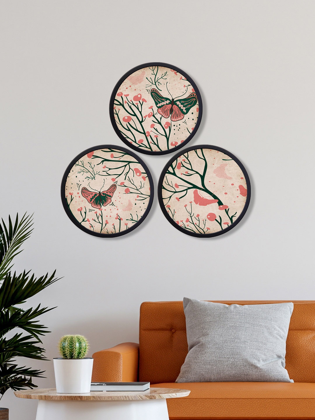 

999Store Set Of 3 Pink Butterfly On The Stems Canvas Wall Art
