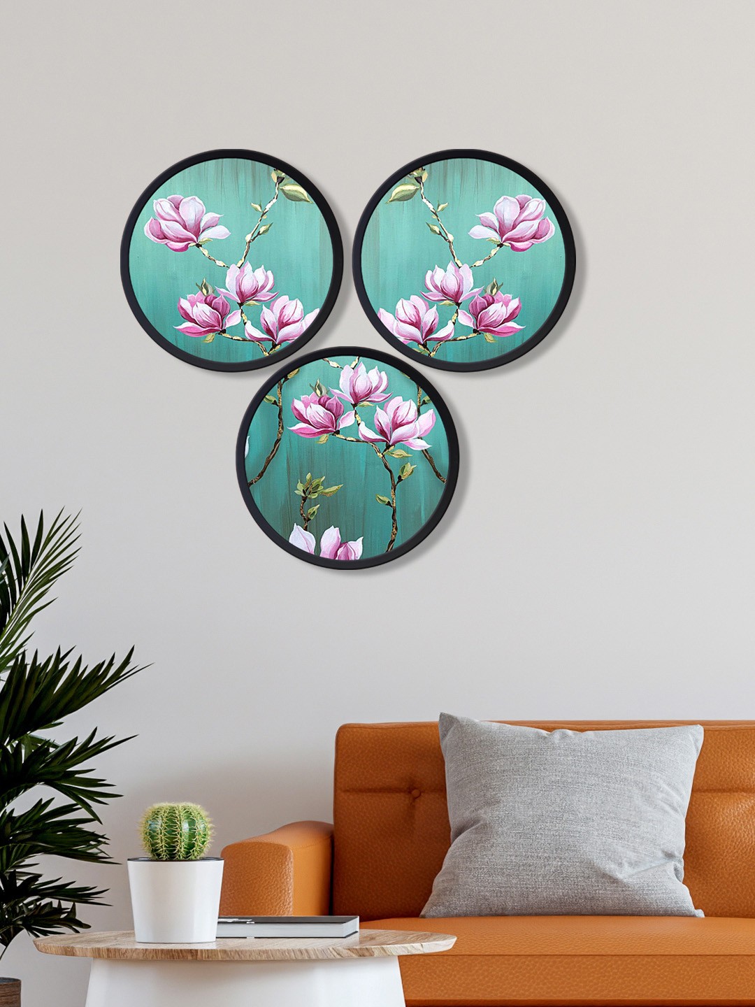 

999Store Set Of 3 Flower WIth Leaves Canvas Wall Art, Blue