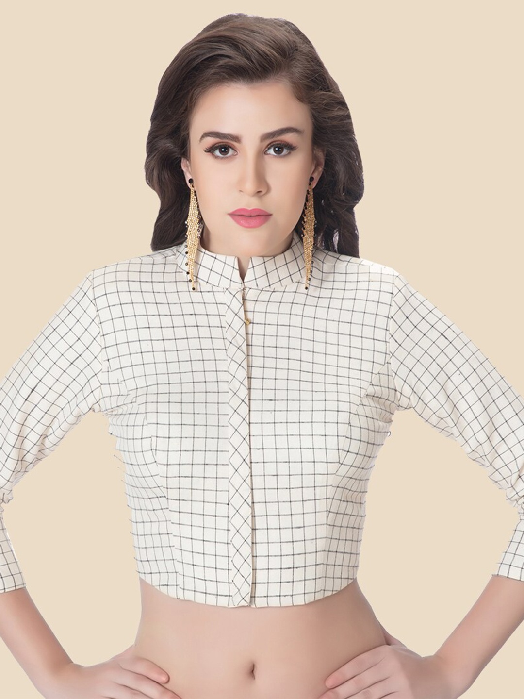 

neckbook White & Black Checked Padded Cotton Readymade Saree Blouse