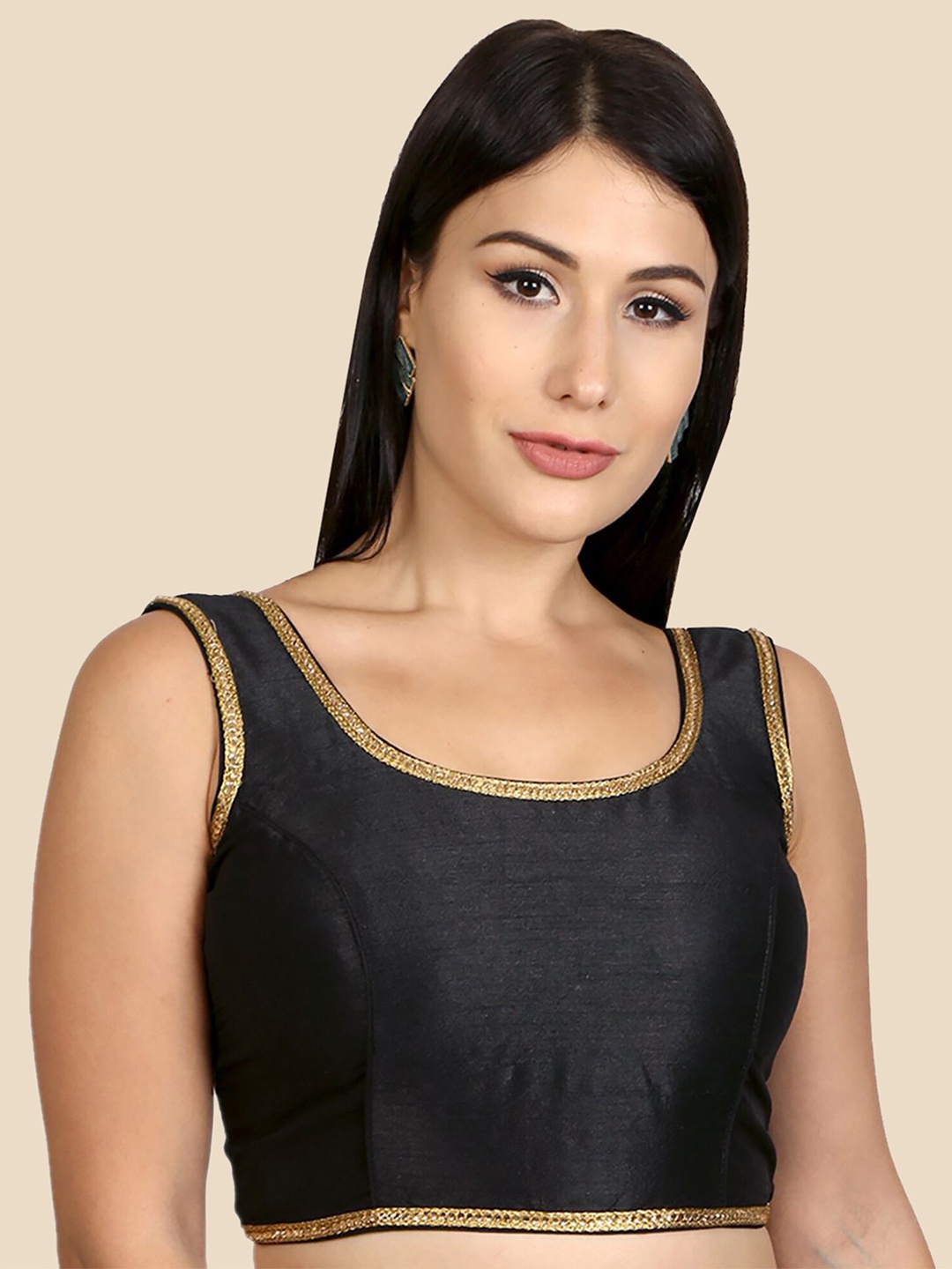 

neckbook Black & Gold-Coloured Solid Padded Readymade Saree Blouse