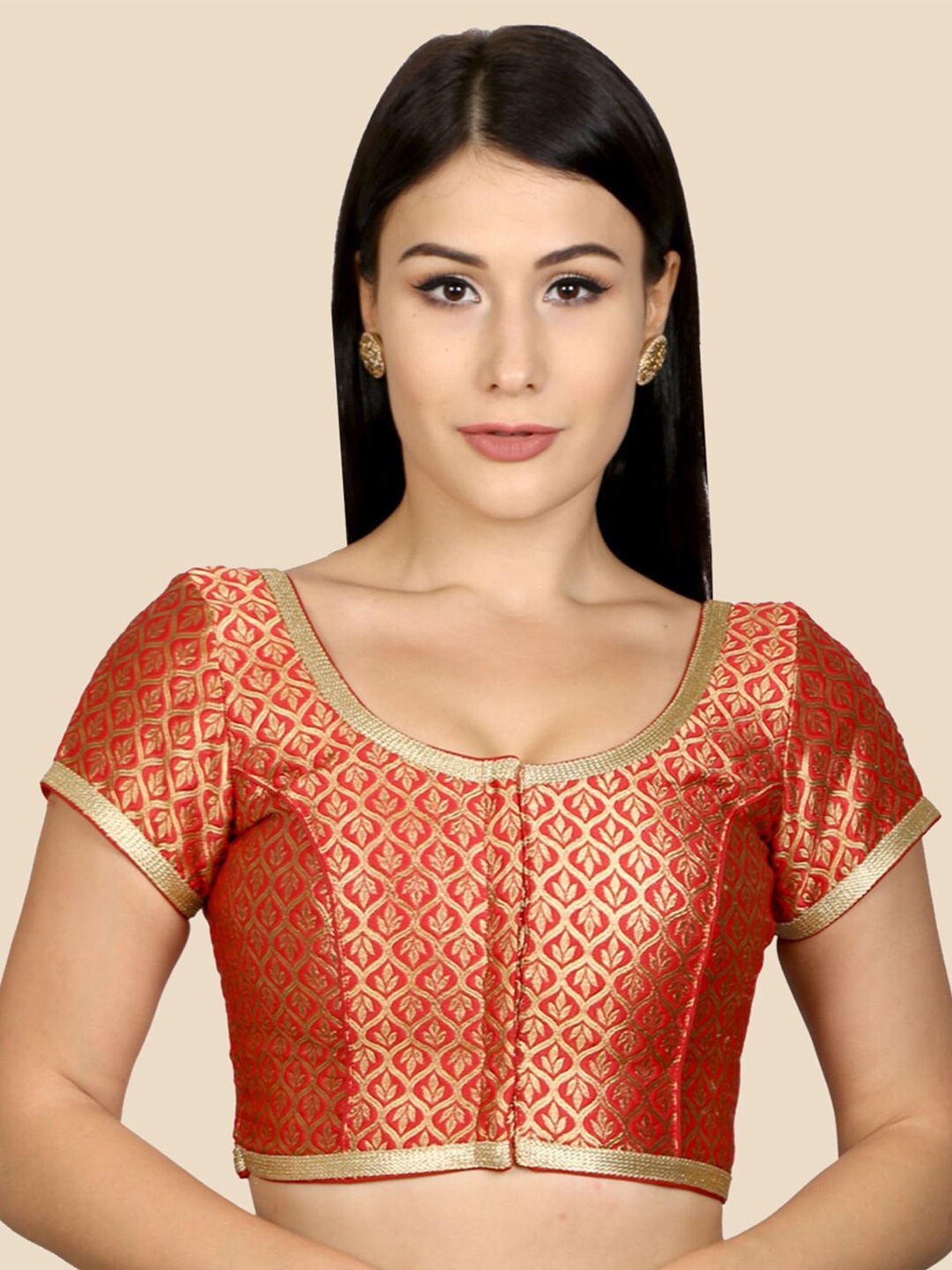 

neckbook Red & Gold-Coloured Woven Design Padded Readymade Saree Blouse