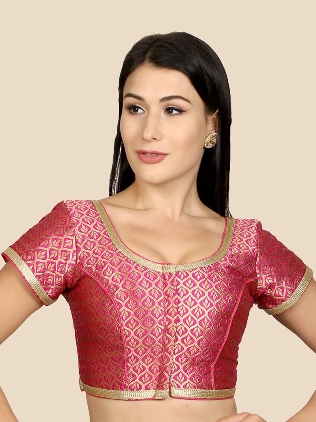 

neckbook Pink & Gold-Coloured Woven Design Padded Readymade Saree Blouse