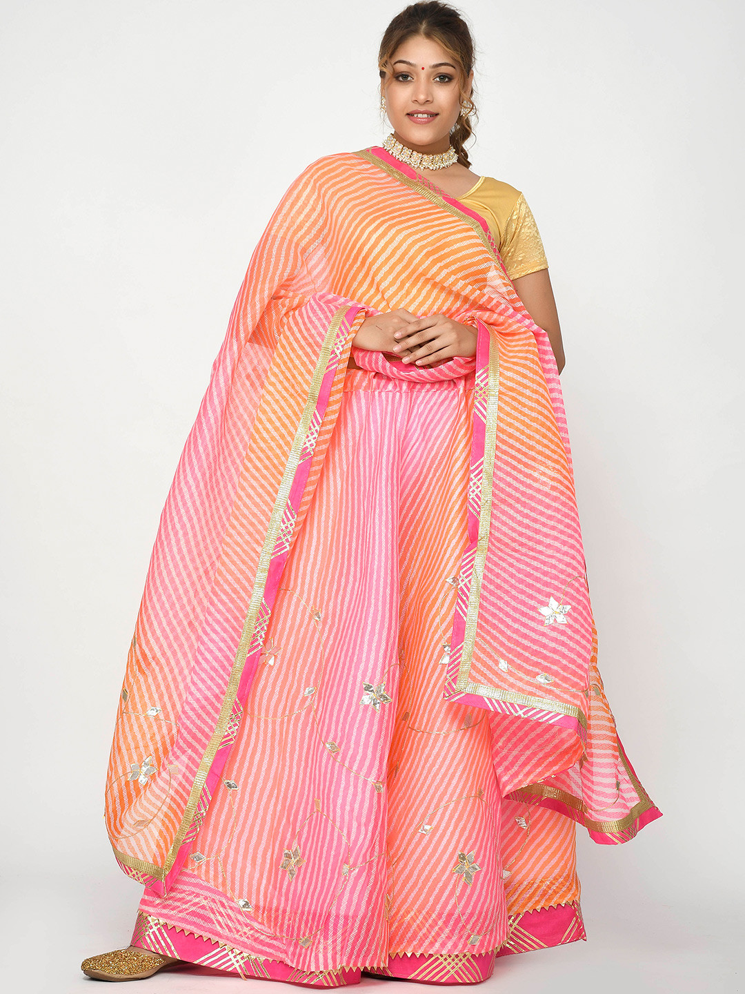 

Kesarya Pink & Yellow Embellished Ready to Wear Lehenga & Unstitched Blouse With Dupatta