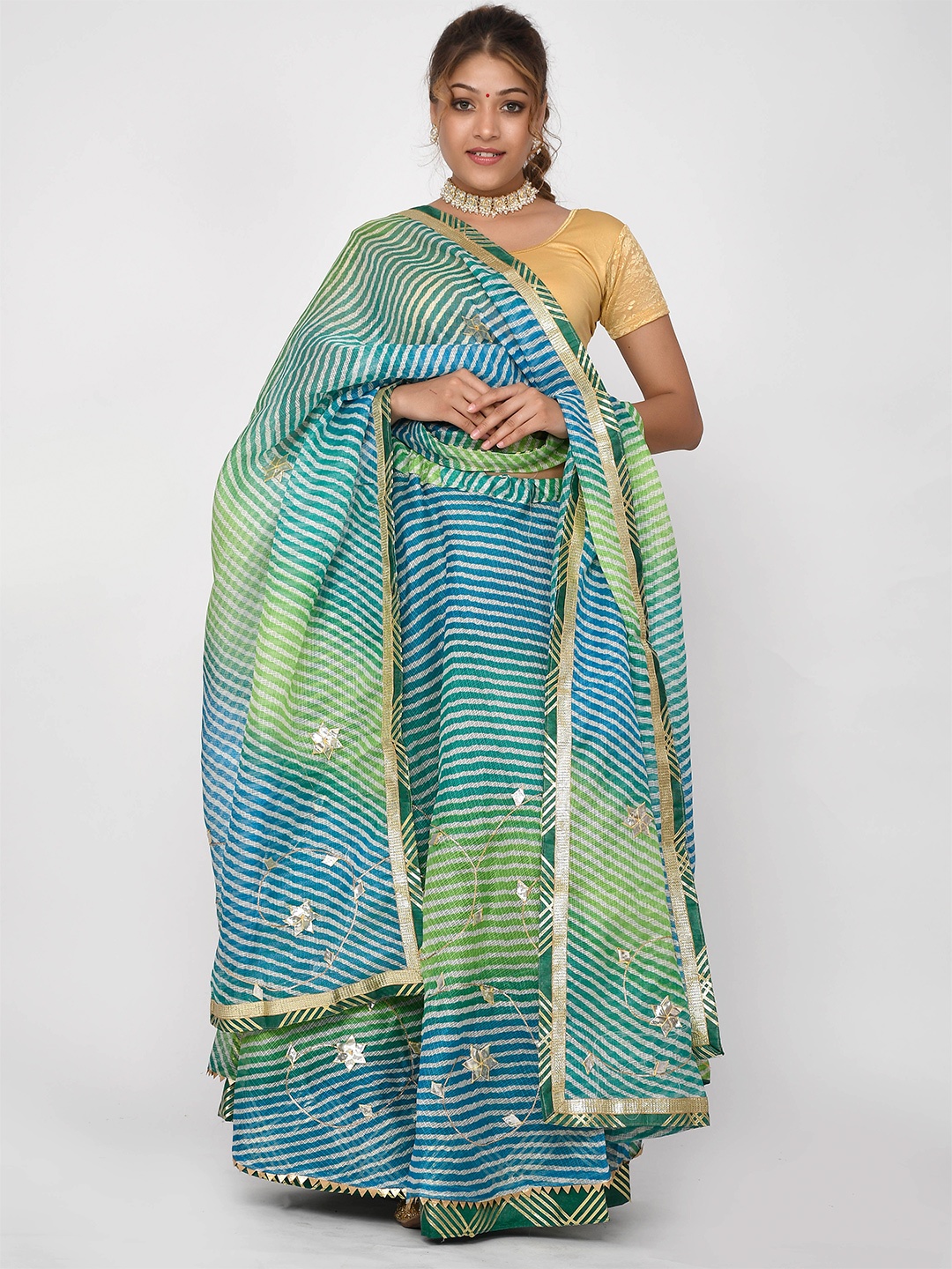 

Kesarya Green & Blue Embellished Ready to Wear Lehenga & Unstitched Blouse With Dupatta