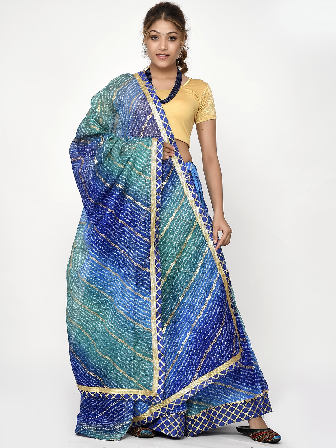 Kesarya Blue & Green Embellished Foil Print Ready to Wear Lehenga & Unstitched Blouse With Dupatta