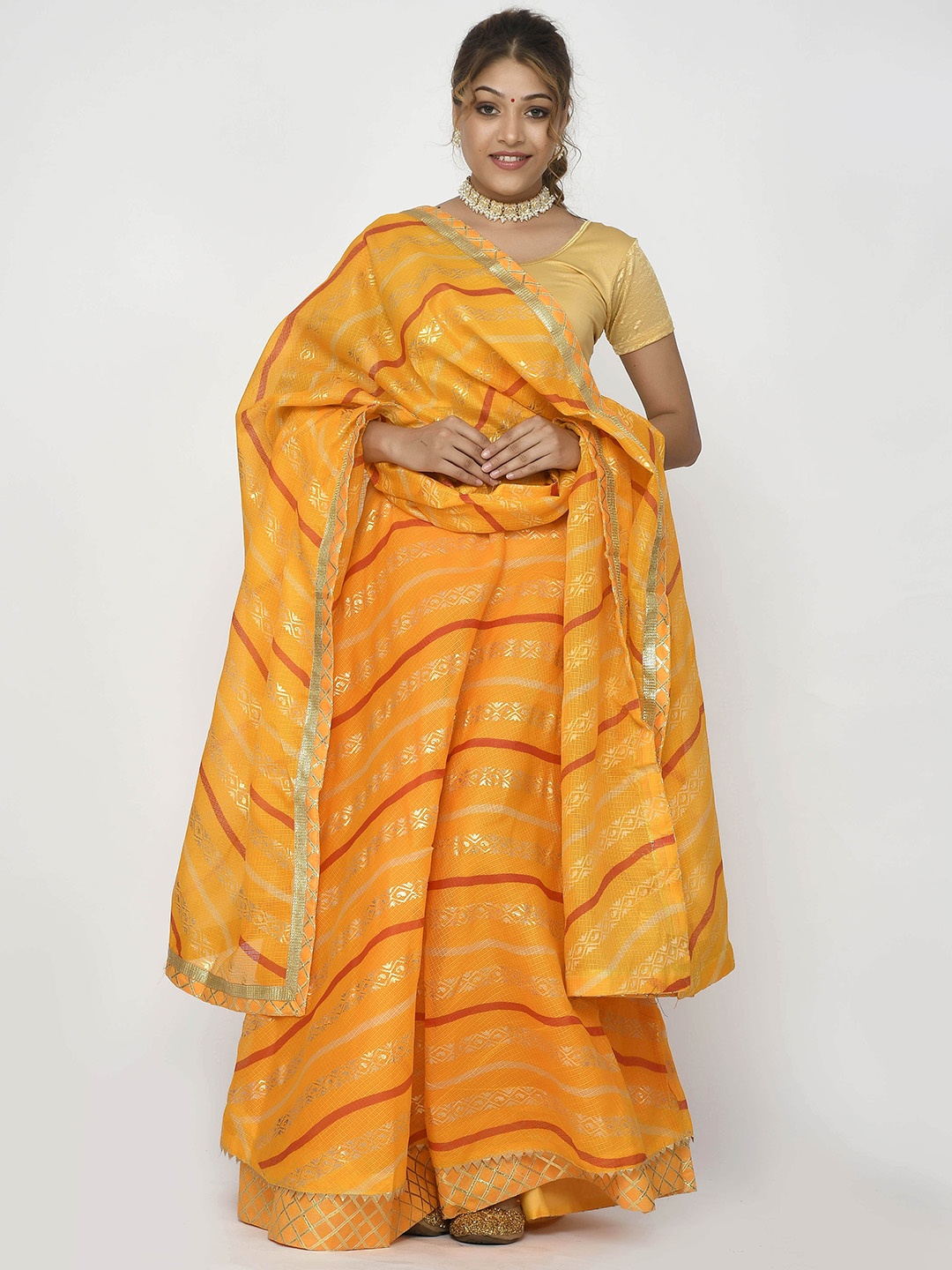 

Kesarya Women Yellow & Red Embellished Foil Print Ready to Wear Lehenga & Unstitched Blouse With Dupatta