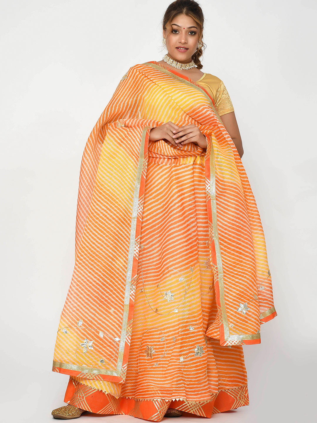 

Kesarya Orange & Yellow Embellished Ready to Wear Lehenga & Unstitched Blouse With Dupatta