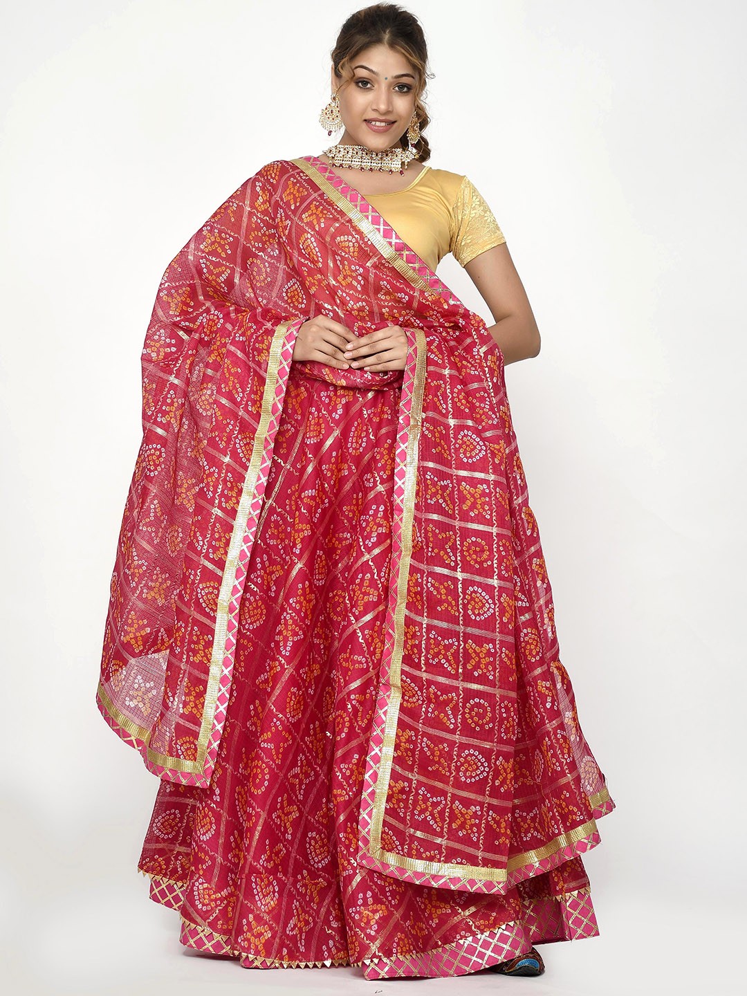 

Kesarya Pink & White Bhandani Ready to Wear Lehenga & Unstitched Blouse With Dupatta