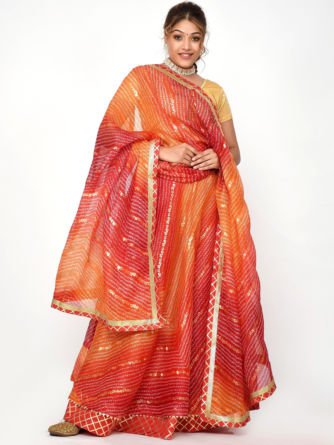 

Kesarya Red & Orange Embellished Khari Print Ready to Wear Lehenga & Unstitched Blouse With Dupatta