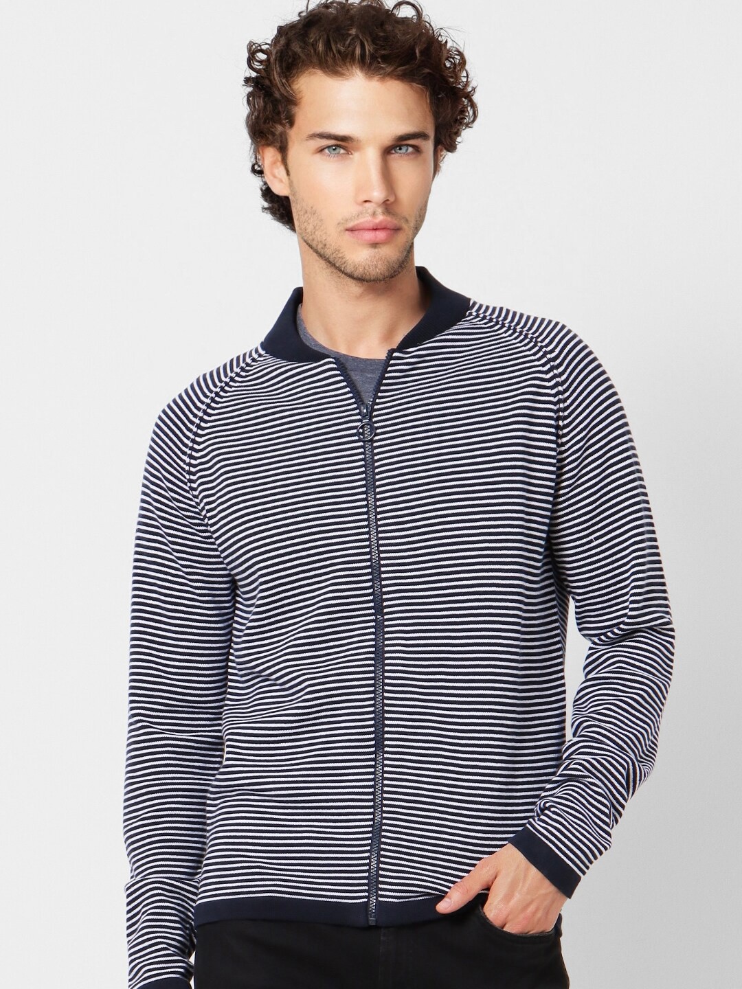 

Jack & Jones Men Blue & White Striped Cardigan Sweaters