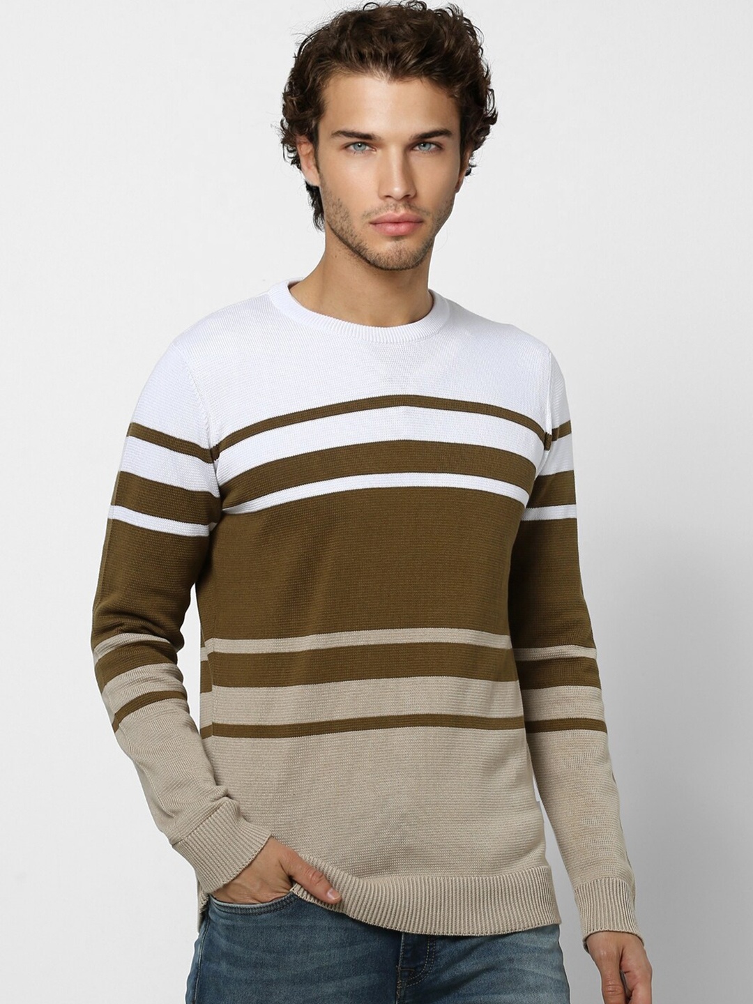

Jack & Jones Men White & Brown Striped Pullover Sweaters