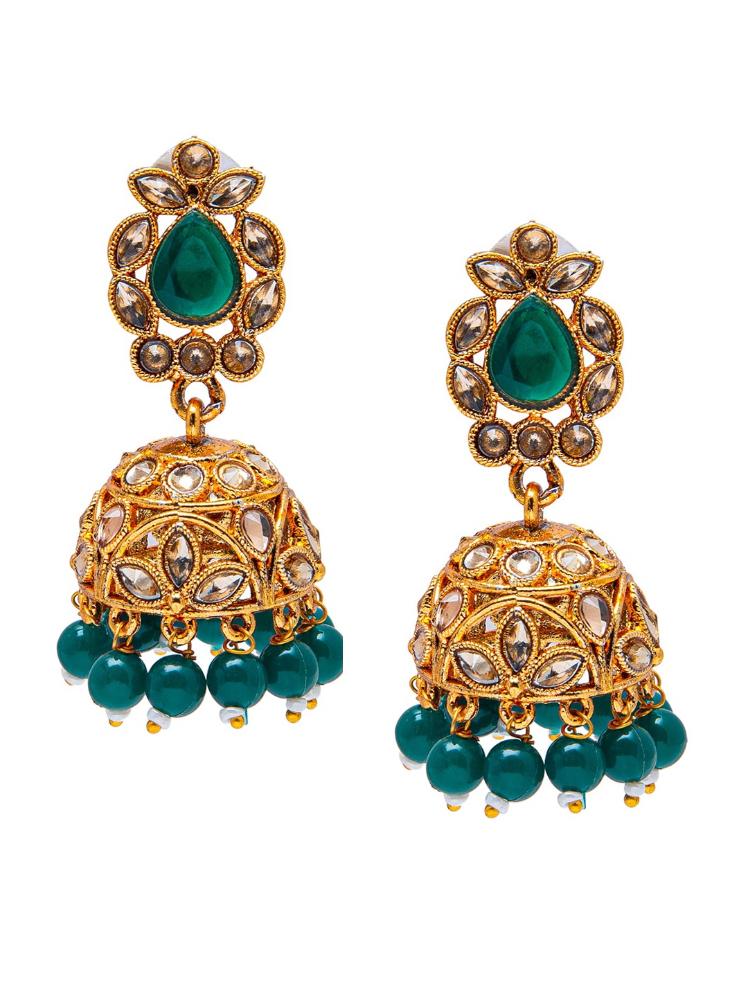 

Shining Jewel - By Shivansh Gold-Plated Green Dome Shaped Jhumkas Earrings