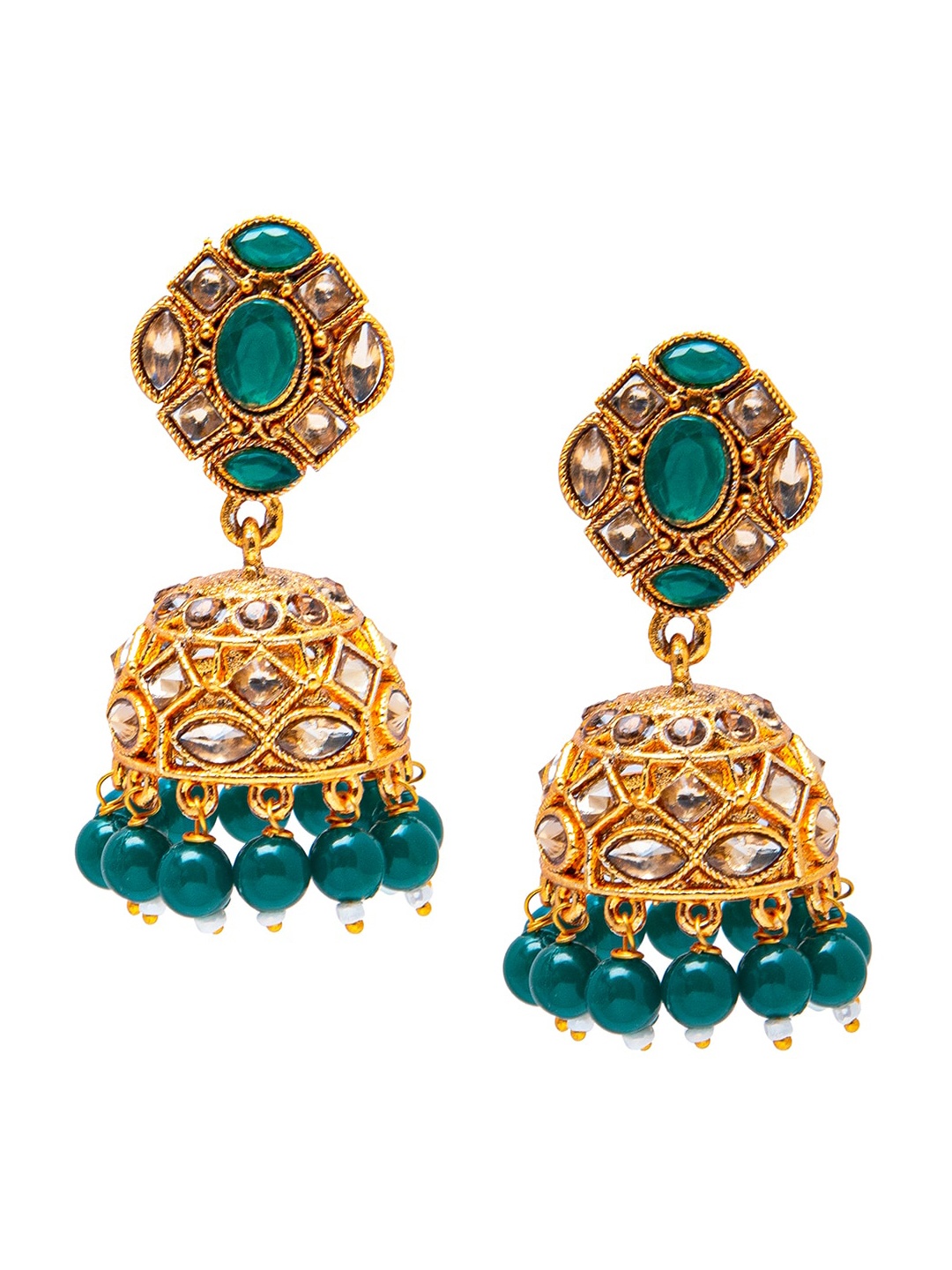 

Shining Jewel- By Shivansh Gold-Toned & Green Dome Shaped Jhumkas Earrings