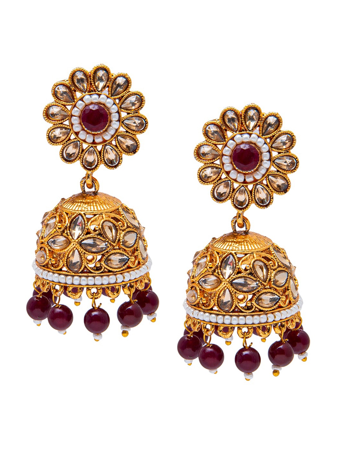 

Shining Jewel - By Shivansh Women Gold-Toned & Maroon Dome Shaped Jhumkas Earrings