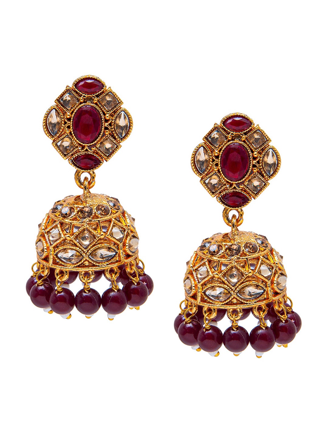 

Shining Jewel - By Shivansh Maroon Gold-Plated Dome Shaped Jhumkas Earrings