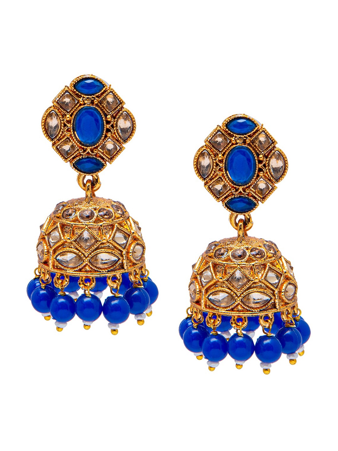 

Shining Jewel - By Shivansh Gold-Toned & Blue Dome Shaped Jhumkas Earrings