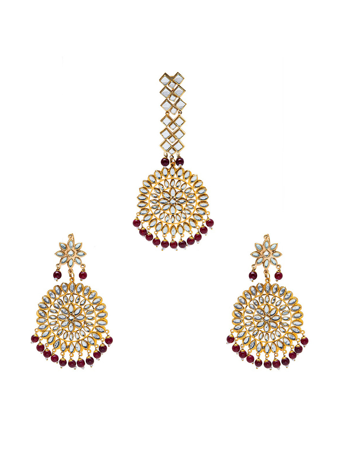 

Shining Jewel - By Shivansh Gold-Toned Circular Drop Earrings and Maang tikka set