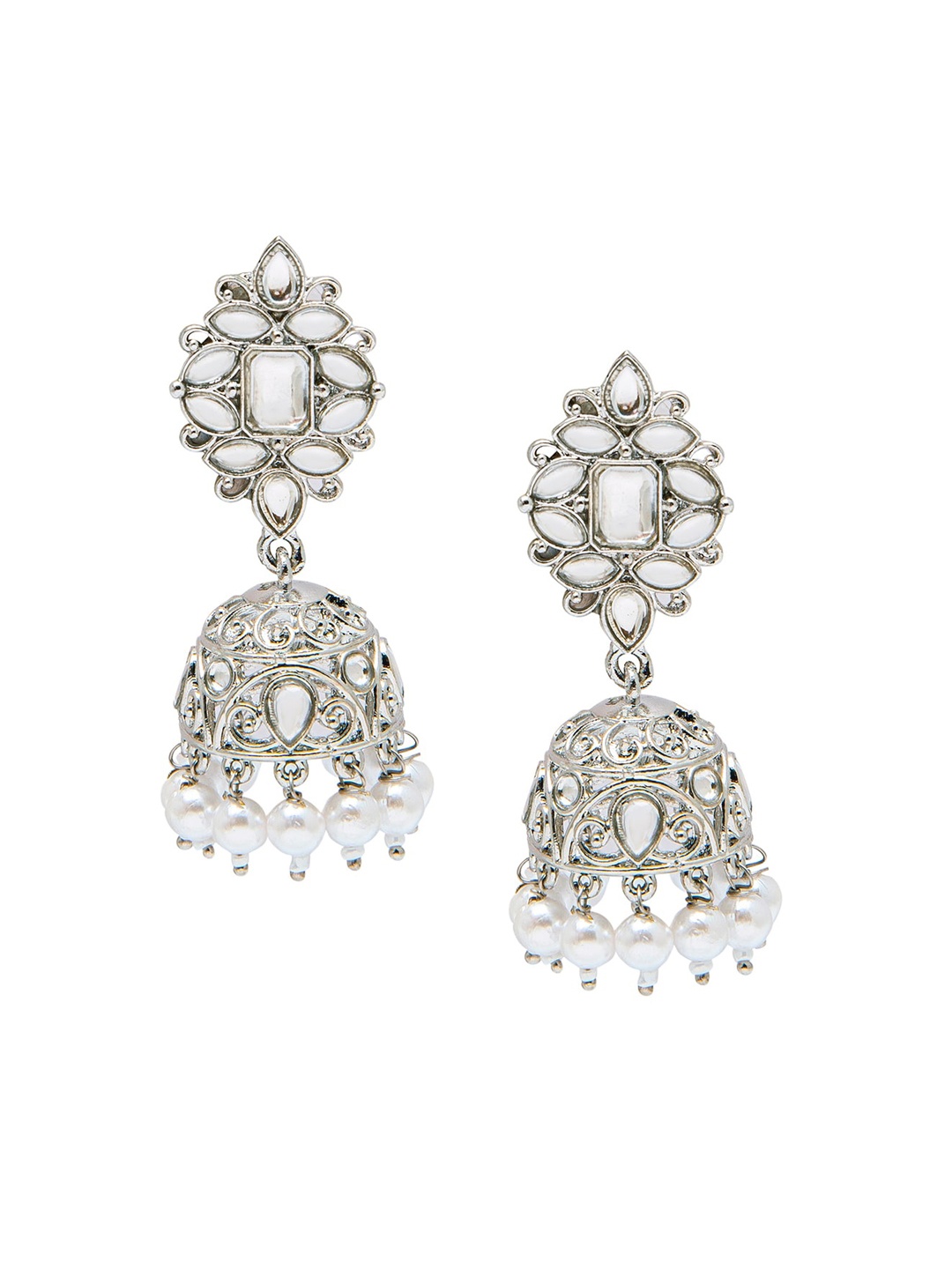 

Shining Jewel - By Shivansh Women Silver-Toned Dome Shaped Jhumkas Earrings
