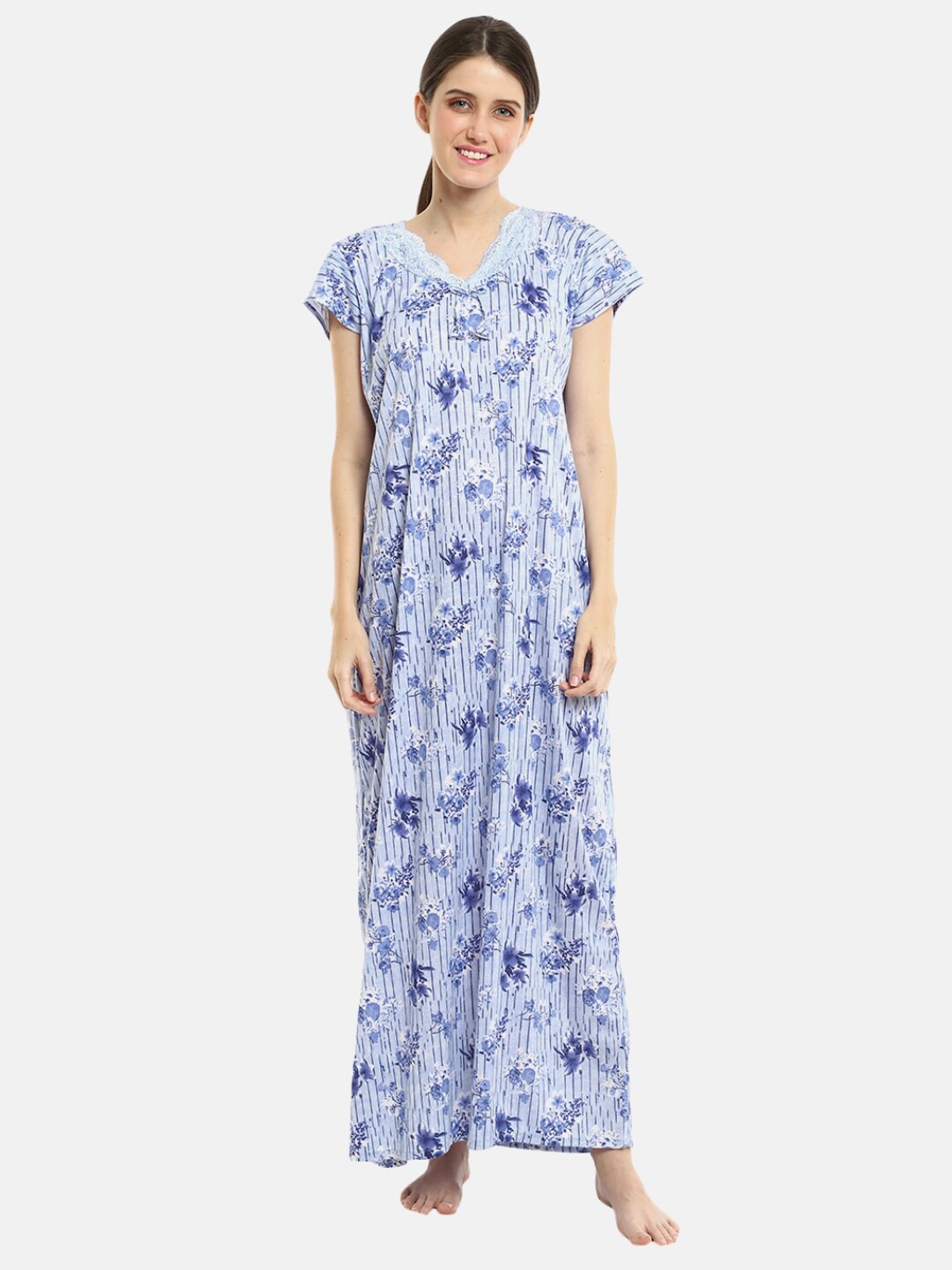 

V-Mart Women Blue Printed Maxi Nightdress