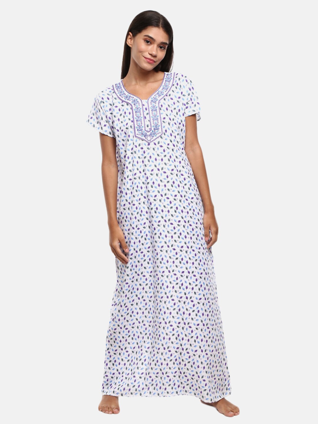 

V-Mart Women White Printed Maxi Nightdress