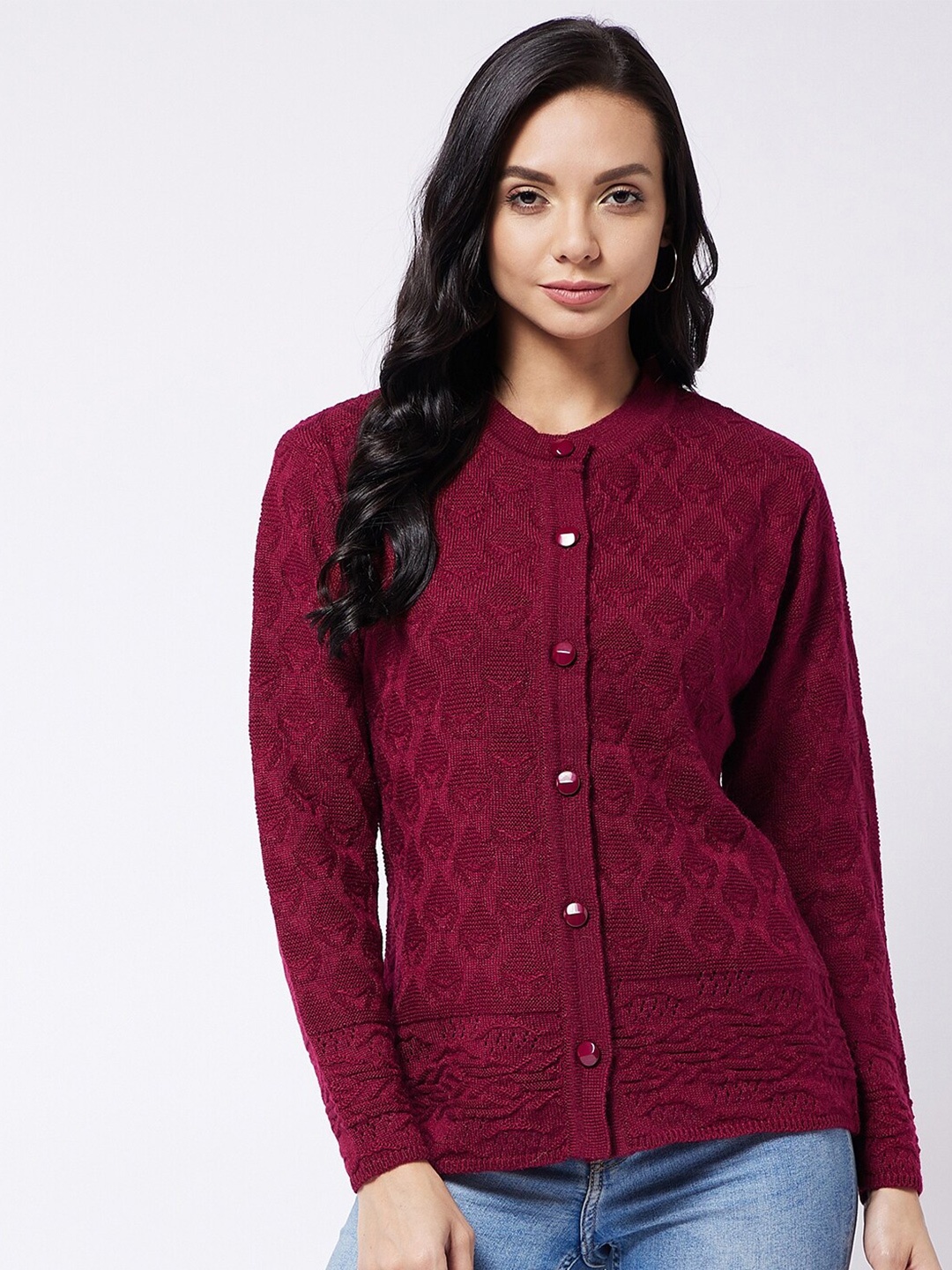

RIVZA Women Maroon Solid Cardigan